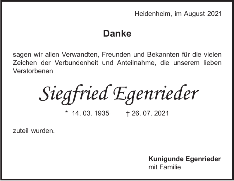  Traueranzeige für Siegfried Josef Egenrieder vom 14.08.2021 aus Heidenheimer Zeitung