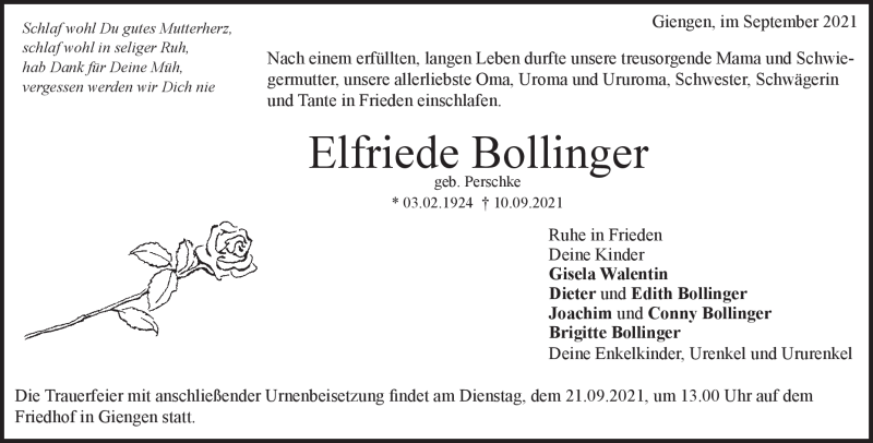  Traueranzeige für Elfriede Bollinger vom 16.09.2021 aus Heidenheimer Zeitung