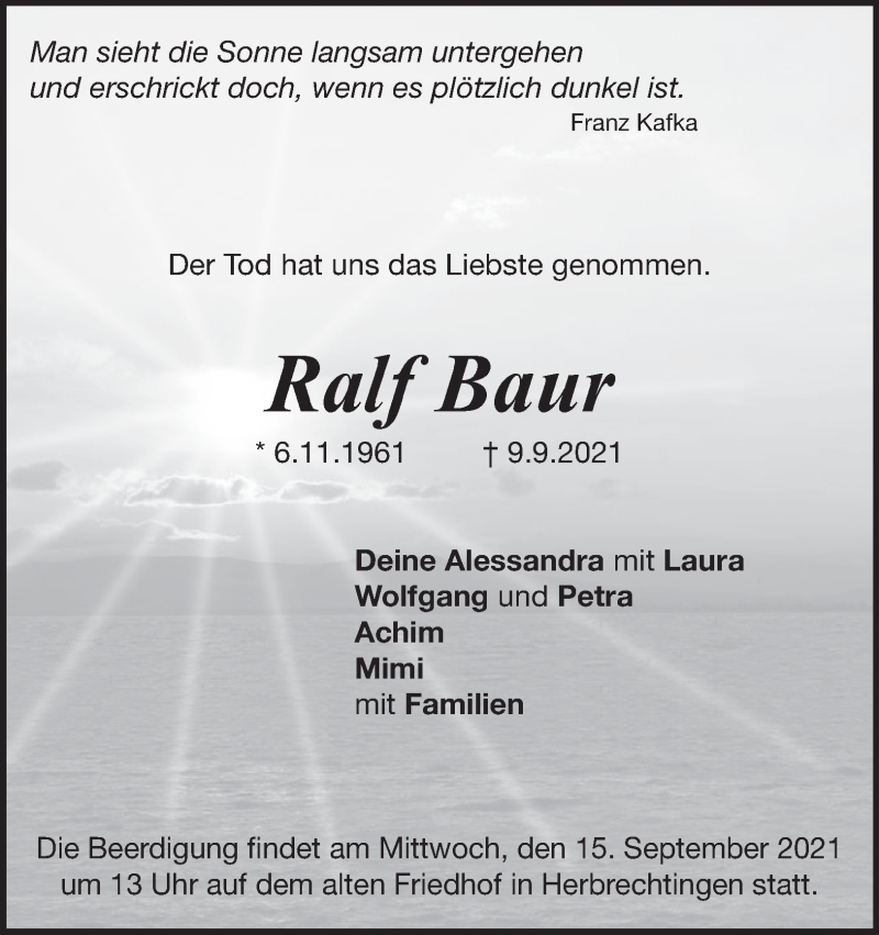  Traueranzeige für Ralf Baur vom 11.09.2021 aus Heidenheimer Zeitung
