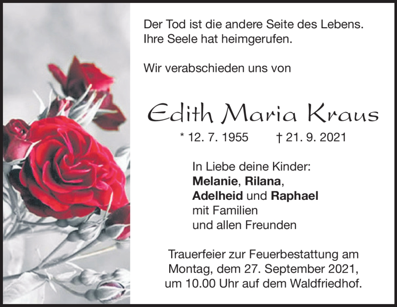  Traueranzeige für Edith Maria Kraus vom 24.09.2021 aus Heidenheimer Zeitung
