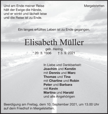 Traueranzeige von Elisabeth Müller von Heidenheimer Zeitung