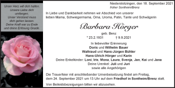 Traueranzeige von Barbara Hörger von Heidenheimer Zeitung