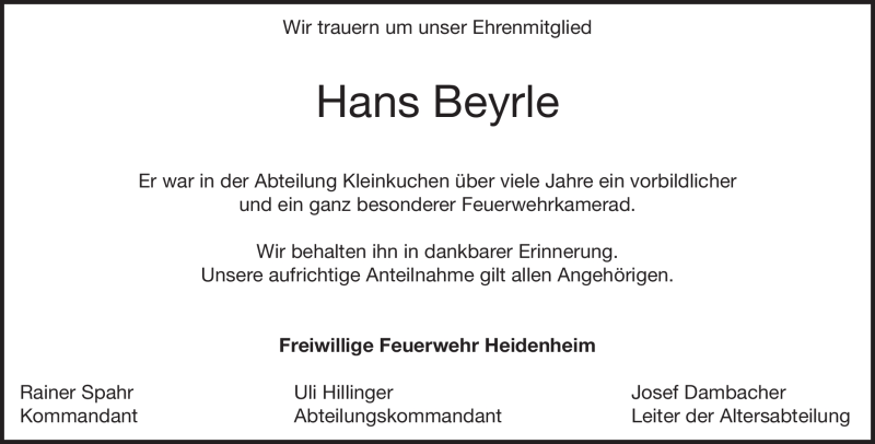  Traueranzeige für Hans Beyrle vom 08.09.2021 aus Heidenheimer Zeitung