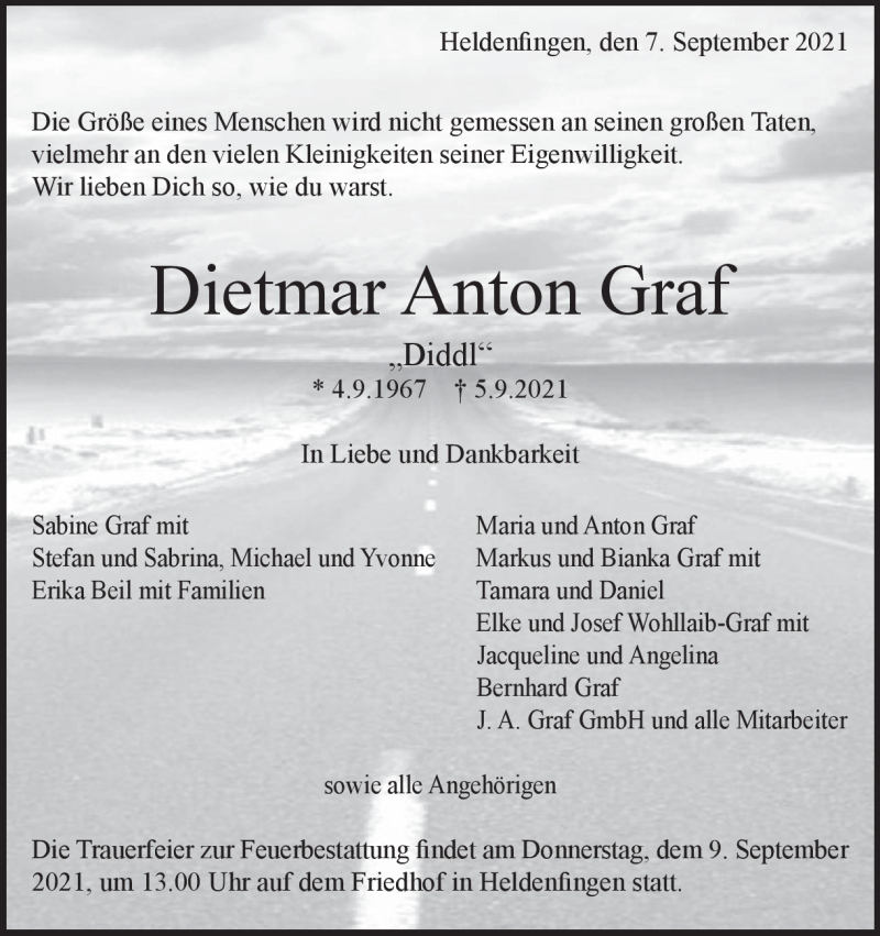  Traueranzeige für Dietmar Anton Graf vom 07.09.2021 aus Heidenheimer Zeitung