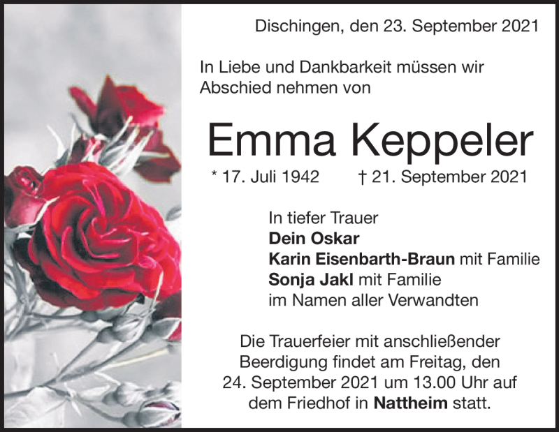  Traueranzeige für Emma Keppler vom 23.09.2021 aus Heidenheimer Zeitung