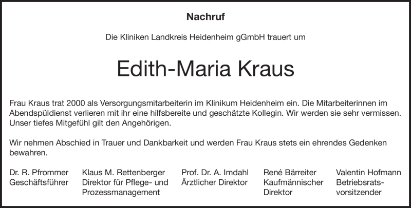  Traueranzeige für Edith Maria Kraus vom 25.09.2021 aus Heidenheimer Zeitung