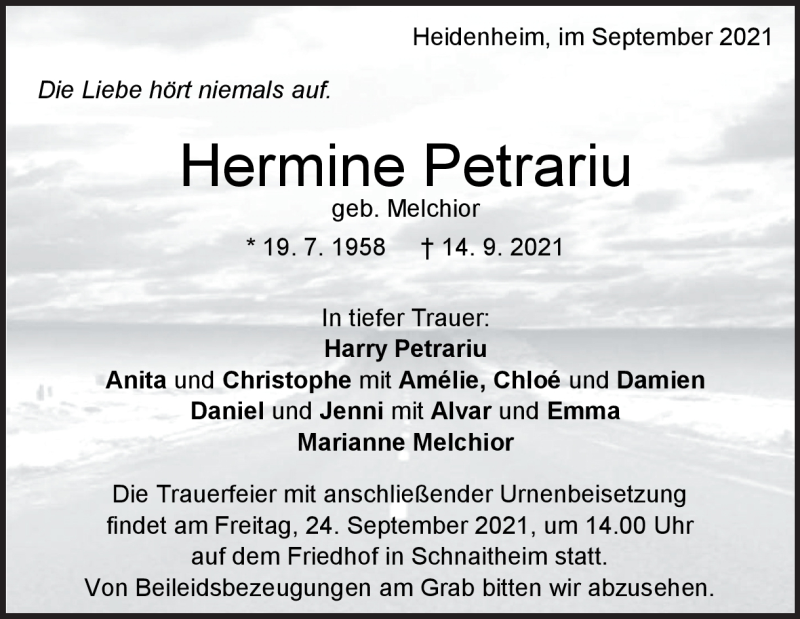  Traueranzeige für Hermine Petrariu vom 21.09.2021 aus Heidenheimer Zeitung