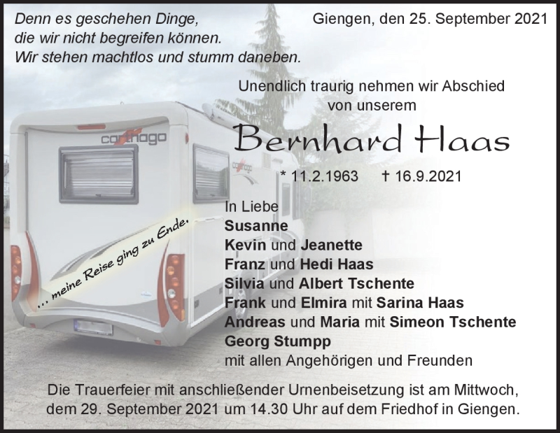  Traueranzeige für Bernhard Haas vom 25.09.2021 aus Heidenheimer Zeitung