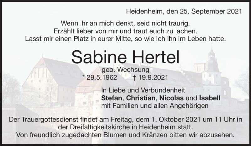  Traueranzeige für Sabine Hertel vom 25.09.2021 aus Heidenheimer Zeitung