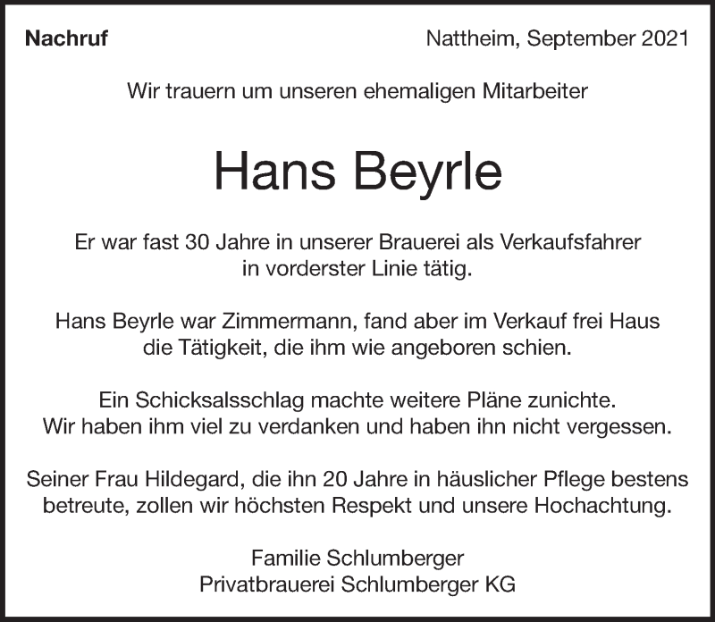  Traueranzeige für Hans Beyrle vom 09.09.2021 aus Heidenheimer Zeitung
