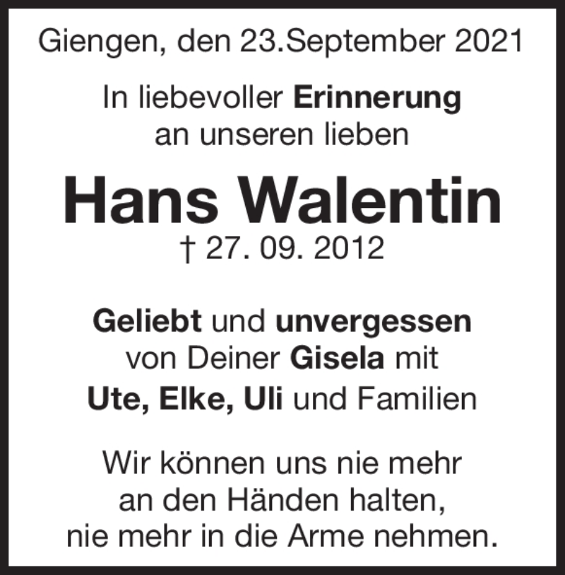  Traueranzeige für Hans Walentin vom 27.09.2021 aus Heidenheimer Zeitung