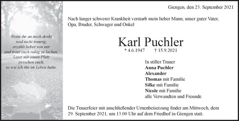  Traueranzeige für Karl Puchler vom 23.09.2021 aus Heidenheimer Zeitung