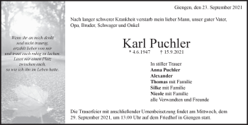 Traueranzeige von Karl Puchler von Heidenheimer Zeitung