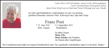 Traueranzeige von Franz Post von Heidenheimer Zeitung