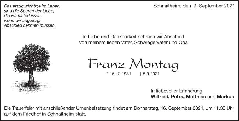  Traueranzeige für Franz Montag vom 09.09.2021 aus Heidenheimer Zeitung