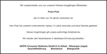 Traueranzeige von Franz Post von Heidenheimer Zeitung