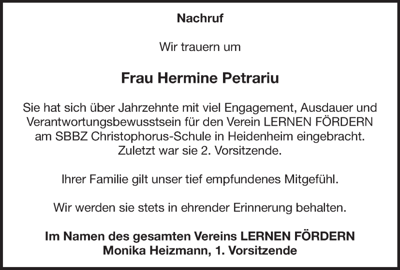  Traueranzeige für Hermine Petrariu vom 21.09.2021 aus Heidenheimer Zeitung
