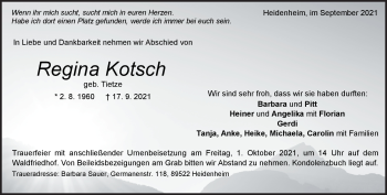 Traueranzeige von Regina Kotsch von Heidenheimer Zeitung