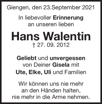 Traueranzeige von Hans Walentin von Heidenheimer Zeitung