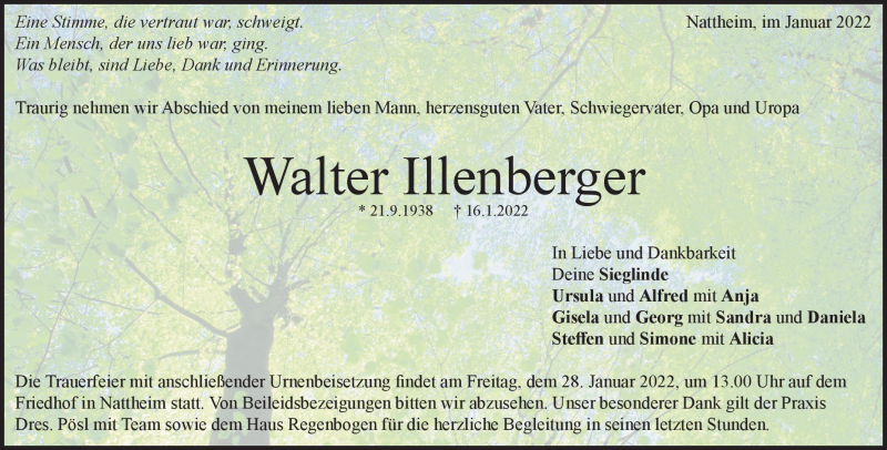  Traueranzeige für Walter Illenberger vom 24.01.2022 aus Heidenheimer Zeitung