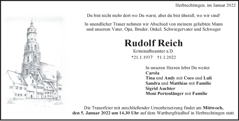  Traueranzeige für Rudolf Reich vom 04.01.2022 aus Heidenheimer Zeitung