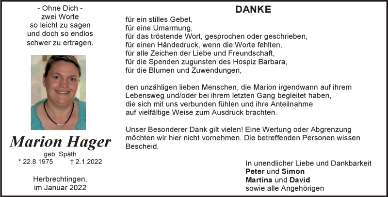  Traueranzeige für Marion Hager vom 22.01.2022 aus Heidenheimer Zeitung
