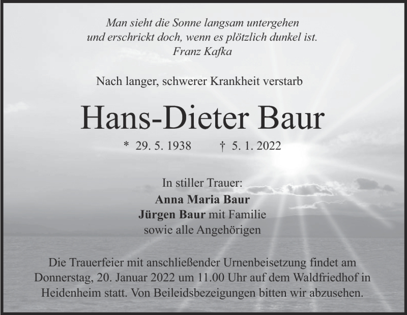  Traueranzeige für Hans-Dieter Baur vom 15.01.2022 aus Heidenheimer Zeitung