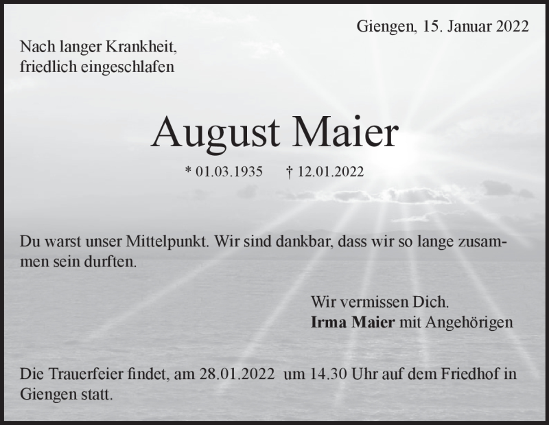  Traueranzeige für August Maier vom 15.01.2022 aus Heidenheimer Zeitung