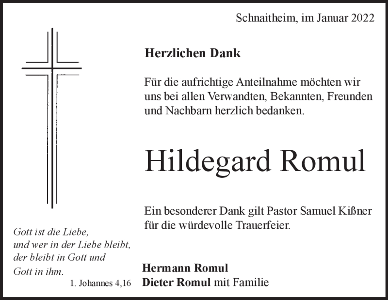  Traueranzeige für Hildegard Romul vom 29.01.2022 aus Heidenheimer Zeitung