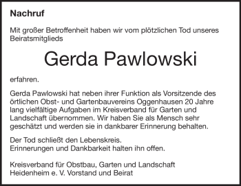 Traueranzeige von Gerda Pawlowski von Heidenheimer Zeitung