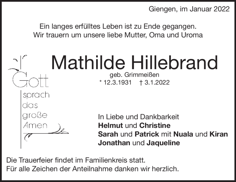  Traueranzeige für Mathilde Hillebrand vom 07.01.2022 aus Heidenheimer Zeitung