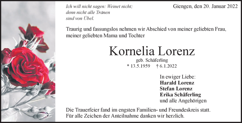  Traueranzeige für Kornelia Lorenz vom 20.01.2022 aus Heidenheimer Zeitung