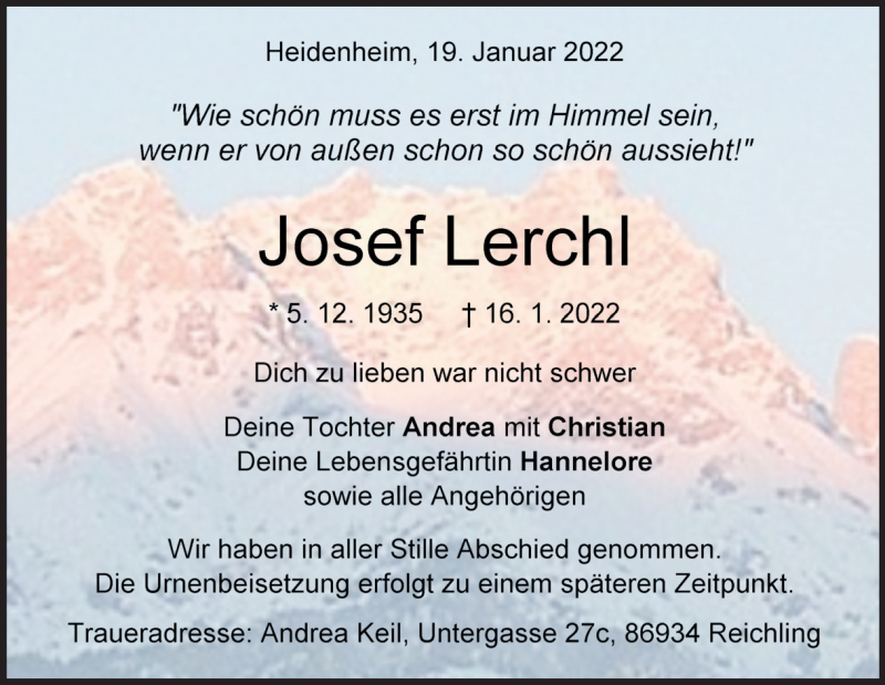  Traueranzeige für Josef Lerchl vom 19.01.2022 aus Heidenheimer Zeitung