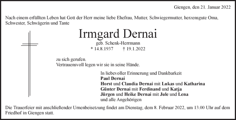  Traueranzeige für Irmgard Dernai vom 21.01.2022 aus Heidenheimer Zeitung
