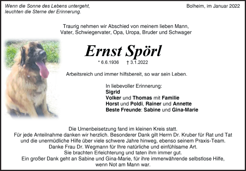  Traueranzeige für Ernst Spörl vom 15.01.2022 aus Heidenheimer Zeitung