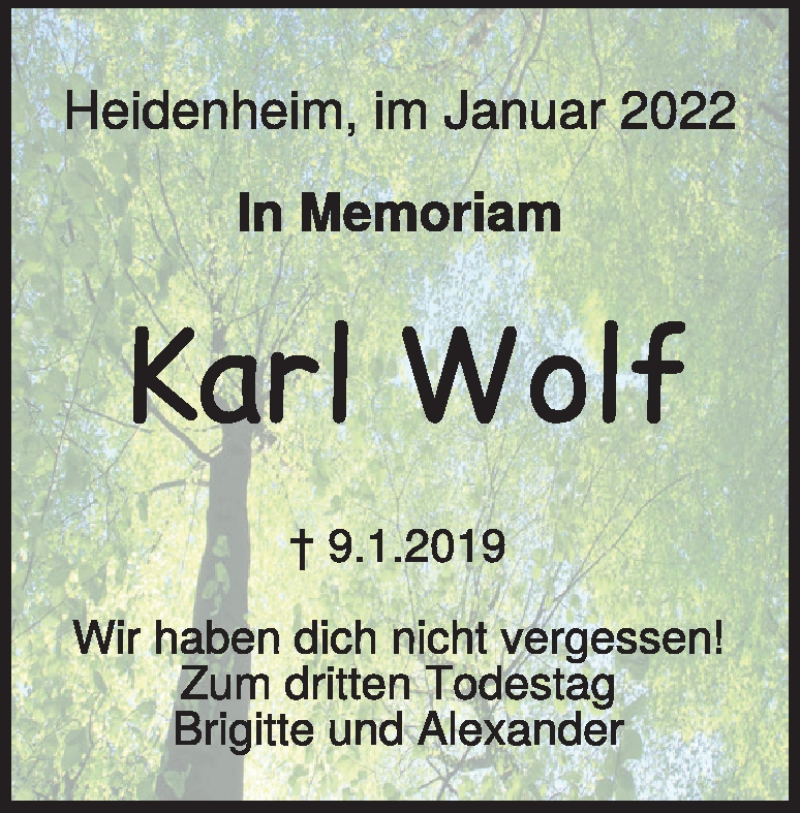  Traueranzeige für Karl Wolf vom 08.01.2022 aus Heidenheimer Zeitung