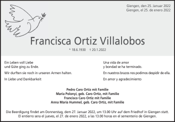 Anzeige Francisca Ortiz Villalobos