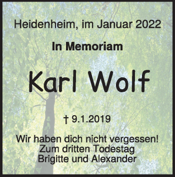 Traueranzeige von Karl Wolf von Heidenheimer Zeitung