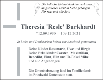 Traueranzeige von Theresia Burkhardt von Heidenheimer Zeitung