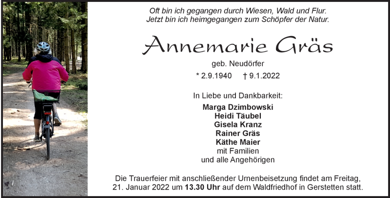  Traueranzeige für Annemarie Gräs vom 18.01.2022 aus Heidenheimer Zeitung