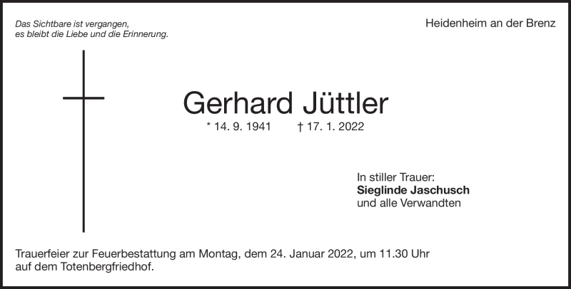  Traueranzeige für Gerhard Jüttler vom 19.01.2022 aus Heidenheimer Zeitung