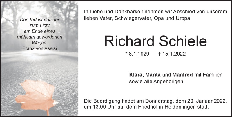  Traueranzeige für Richard Schiele vom 18.01.2022 aus Heidenheimer Zeitung