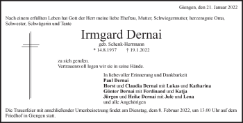 Traueranzeige von Irmgard Dernai von Heidenheimer Zeitung