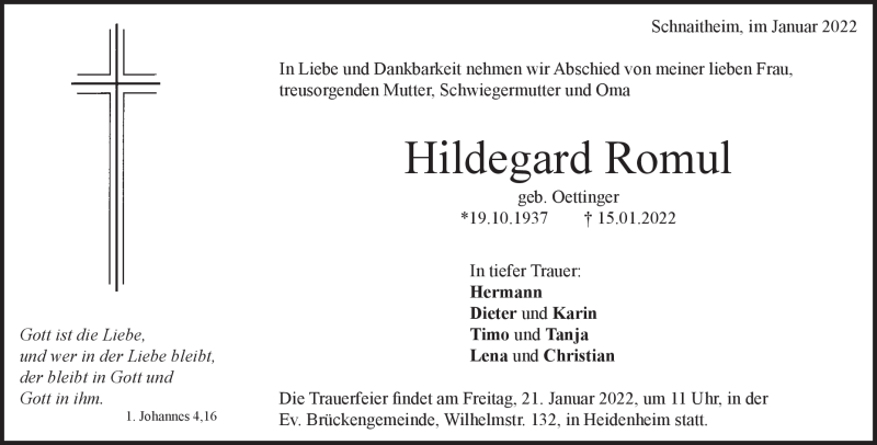  Traueranzeige für Hildegard Romul vom 19.01.2022 aus Heidenheimer Zeitung