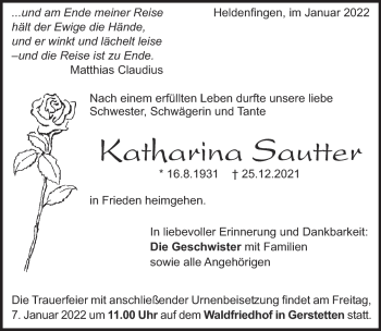 Traueranzeige von Katharina Sautter von Heidenheimer Zeitung