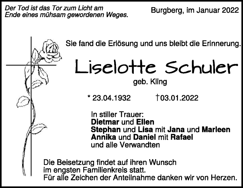  Traueranzeige für Liselotte Schuler vom 12.01.2022 aus Heidenheimer Zeitung