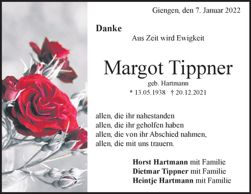  Traueranzeige für Margot Tippner vom 07.01.2022 aus Heidenheimer Zeitung