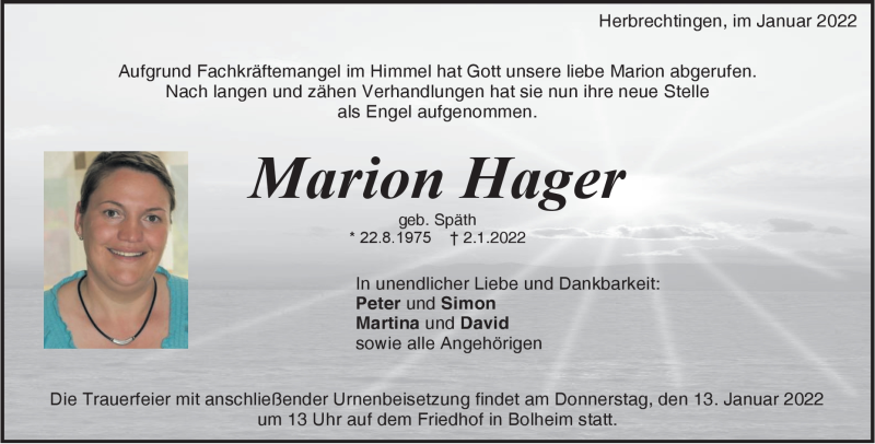  Traueranzeige für Marion Hager vom 10.01.2022 aus Heidenheimer Zeitung