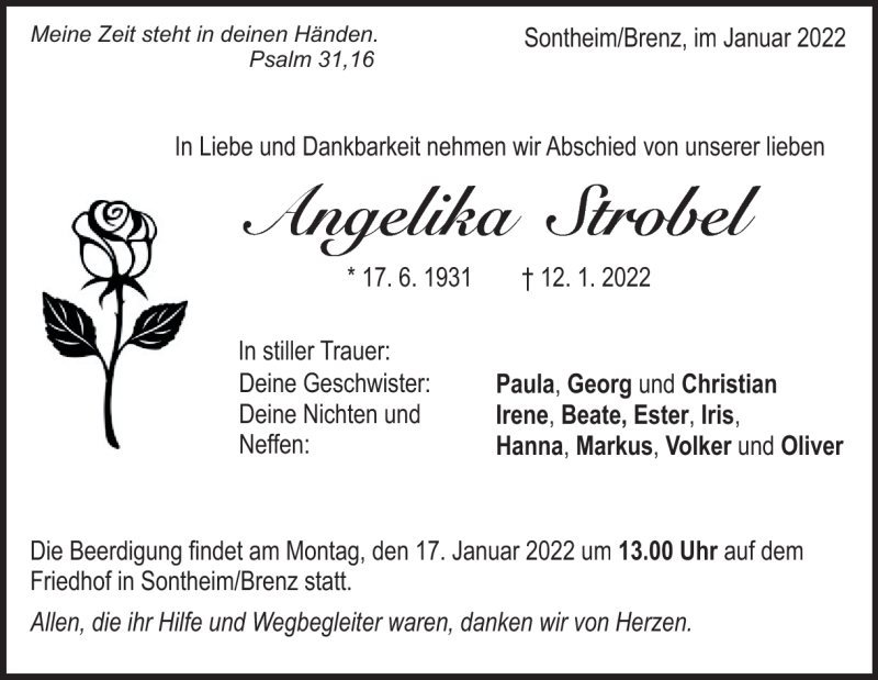  Traueranzeige für Angelika Strobel vom 15.01.2022 aus Heidenheimer Zeitung
