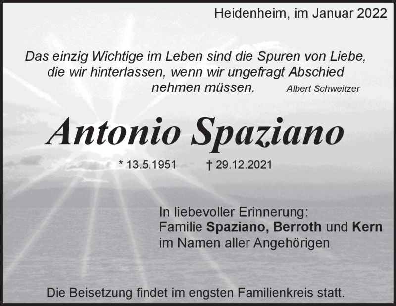  Traueranzeige für Antonio Spaziano vom 11.01.2022 aus Heidenheimer Zeitung